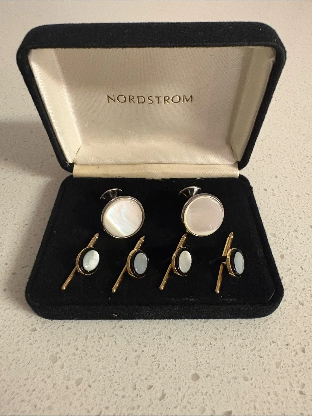 VTG Solid 14K Gold 585 Mother of Pearl 6PC Tuxedo Cufflinks & Stud Set